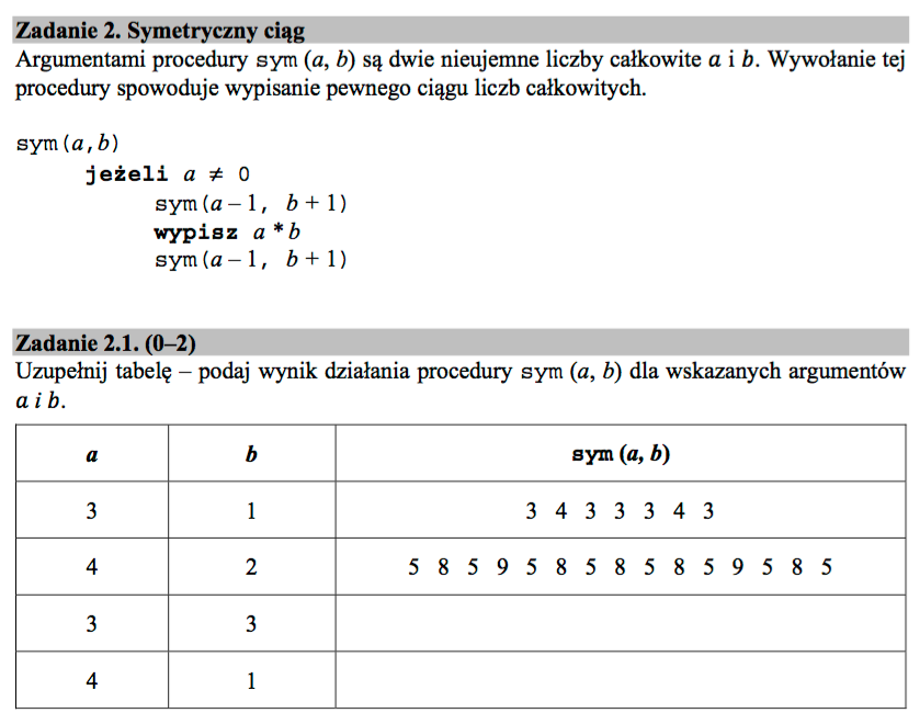 Zadanie 2. Symetryczny ciąg. Argumentami procedury sym(a, b) są dwie nieujemne liczby całkowite a i b. Wywołanie tej procedury spowoduje wypisanie pewnego ciągu liczb całkowitych. Zadanie 2.1. (0-2) Uzupełnij tabelę - podaj wynik działania procedury sym(a, b) dla wskazanych argumentów a i b.